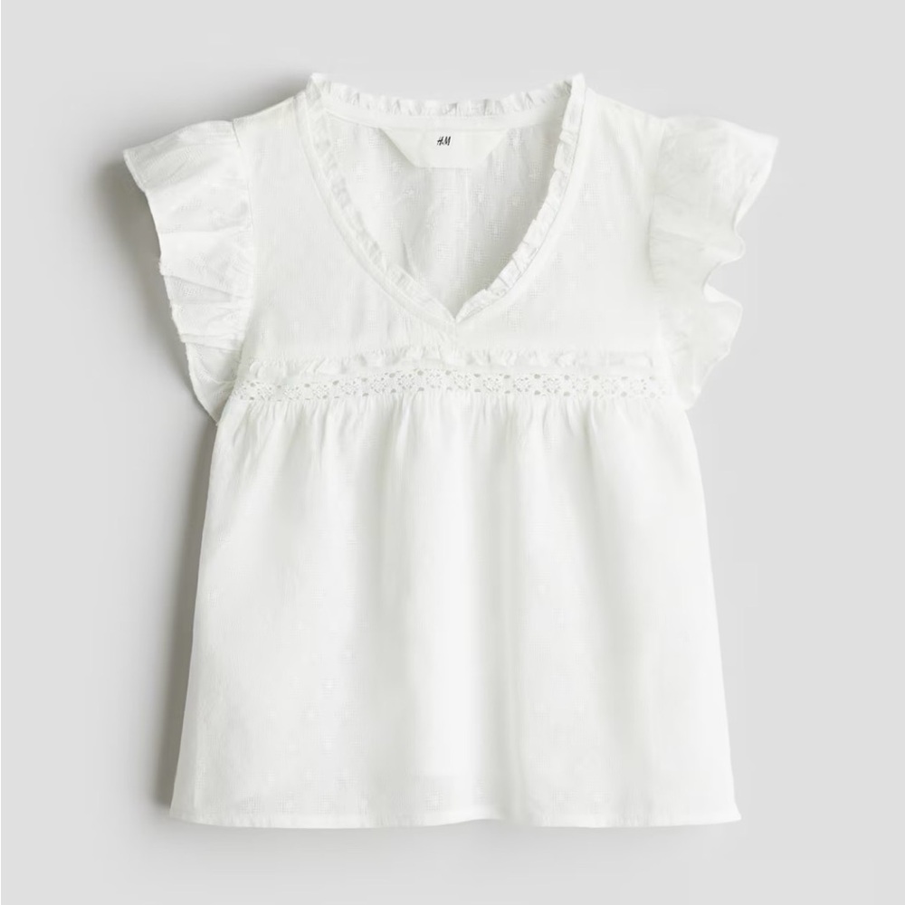 H&M White Ruffle Sleeve Cotton Top